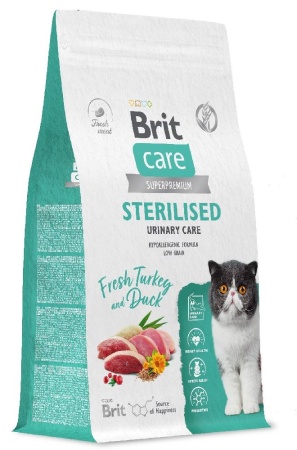 корм Брит CARE для Кастрированных кошек "Sterilised Urinary", 1,5кг индей и утка